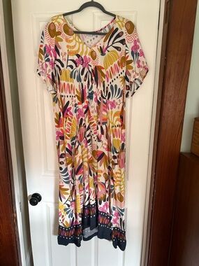 Floral Midi Dress in Pink, Mustard & Navy